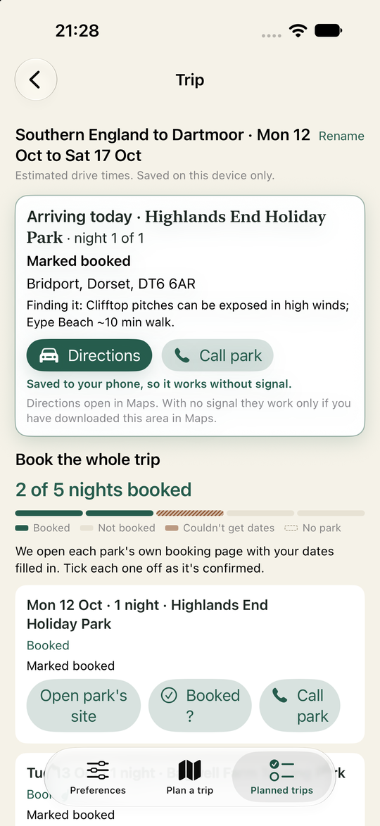 Wildbound Planner screenshot: Book the whole trip