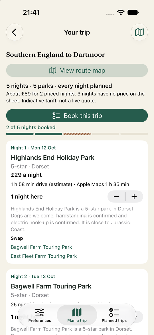 Wildbound Planner screenshot: Your plan: every night filled